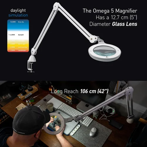 Vista 3 de Omega 5 - Lámpara de aumento LED de alta calidad con lentes de vidrio intercambiables, brazo ajustable e interruptor de atenuación