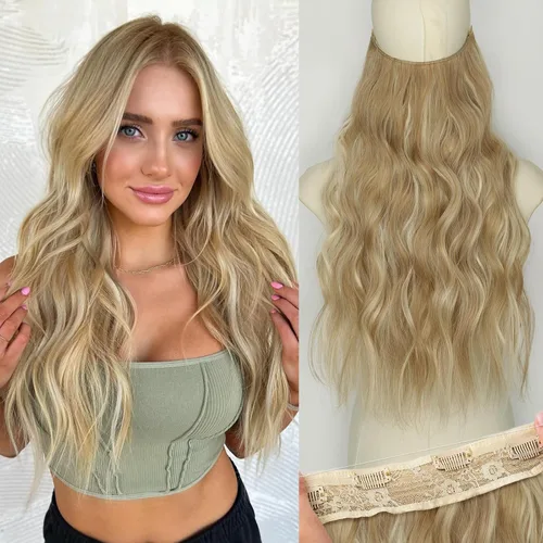 Vista 55 de KooKaStyle - Extensiones de cabello con hilo invisible, diadema transparente, ajustables, 4 clips fijadores, cabello largo y ondulado de 12