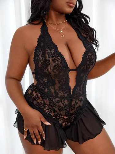 Vista 3 de OYOANGLE Body de encaje para mujer, talla grande, con abertura en la espalda, estilo halter