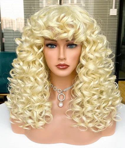 Vista 18 de Pelucas afro rizadas para mujeres negras, peluca larga y rizada con flequillo, fibra sintética esponjosa, sin pegamento, para cosplay y uso diario