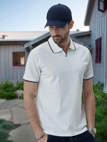 Vista 6 de Aiyino Polo de manga corta para hombre, estilo casual, ajustado, cuello en V, diseño básico, de algodón