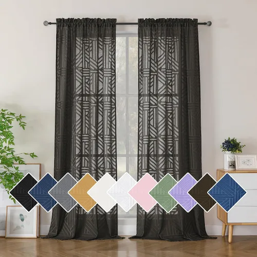 Vista 24 de Simplebrand Cortinas traslúcidas negras de cocina de 24 pulgadas de largo, 2 paneles, filtrado de luz, geométrico jacquard con textura, cortinas