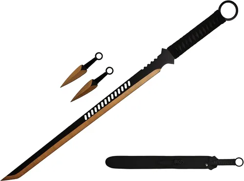 Vista 3 de Wartech K1020-65-BL 440 espada machete de ninja de acero inoxidable con cuchillos para lanzar (2 piezas), 27 pulgadas, azul