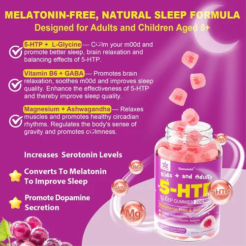 Vista 3 de Gomitas 5HTP para adultos y niños mayores de 8 años, gomitas sin melatonina con glicinato de magnesio, GABA, L-glicina, Ashwagandha, vitamina B6