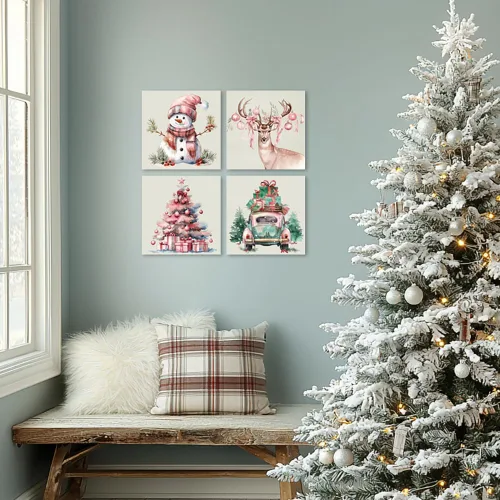 Vista 5 de Arte de Lienzo de Pared de Navidad Rosa - Juego de 4 Muñeco de Nieve, Ciervo, Árbol de Navidad y Camión Póster de Arte de Navidad - Pintura Estética