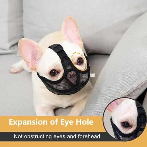 Vista 3 de OHCOZZY Bozal corto para perro, no cubre la frente, bozal de bulldog ajustable, malla transpirable ajustable, antimordeduras y ladridos (S, negro)