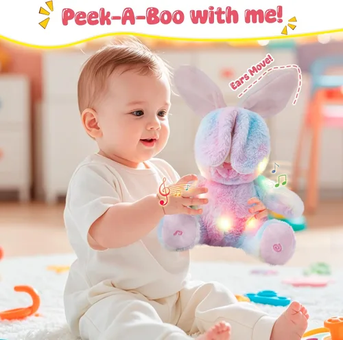 Vista 2 de Glow Guards Peek-a-Boo - Peluche de conejo de 10 pulgadas, juguete de peluche de conejo arcoíris que canta, juguetes de peluche interactivos