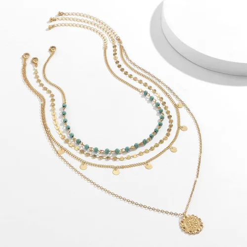 Vista 4 de Collar de oro para mujer, juego de collares de moda en capas, collar bohemio con cuentas de turquesa, collar largo con dije de moneda, collar