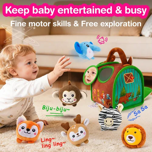 Vista 2 de Montessori - Juguetes sensoriales para bebés de 6 a 12 meses y niños pequeños de 1 a 3 años, juego educativo de animales de peluche con sonajero