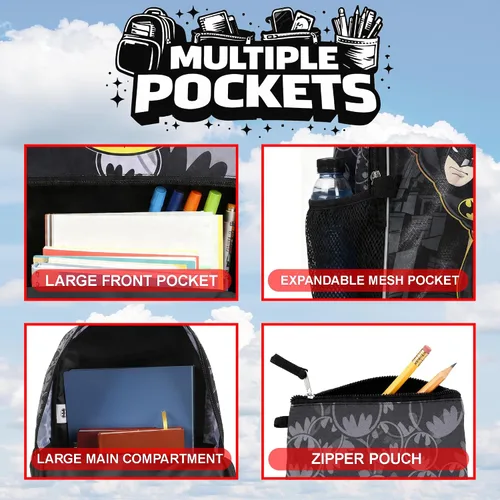 Vista 3 de DC Comic Book Batman Symbol - Juego de accesorios de mochila de 5 piezas para niños