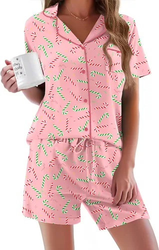 Vista 23 de Ekouaer - Conjunto de pijamas de manga corta para mujer, con botones, suave, 2 piezas, conjuntos de descanso, tallas XS-XXXL Verde Aqua