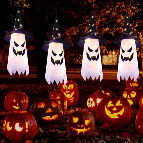 Vista 6 de Decoraciones de Halloween, sombrero de bruja fantasma brillante, cadena de luces de Halloween, decoración colgante para interiores y exteriores
