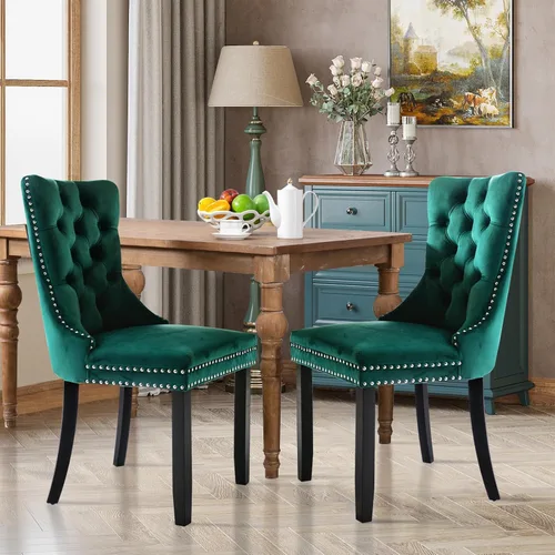 Vista 45 de Juego de 2 sillas de comedor tapizadas de tela de lino, sillas de cocina modernas de mediados de siglo con respaldo alto, ribete de cabeza de clavo