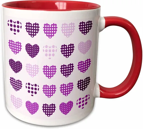 Vista 12 de 3dRose Taza de café, tamaño: 15 onzas, patrón de corazones de lunares morados y blancos en una fila, divertido regalo de taza de café