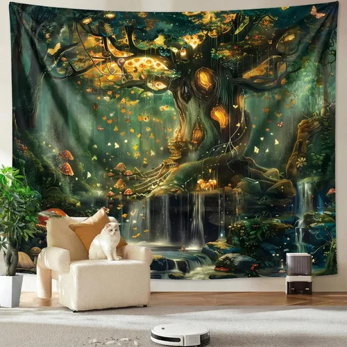 Vista 8 de Apdidl Tapiz de bosque para dormitorio, tapices de pared de hadas verdes Tapiz A-Forest
