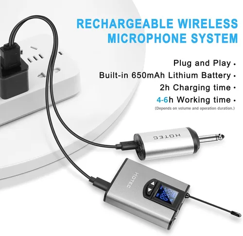 Vista 5 de HOTEC Audífono inalámbrico UHF/Micrófono de solapa Lavalier con transmisor de cuerpo y receptor recargable mini de 6.35 mm de salida para vlogging