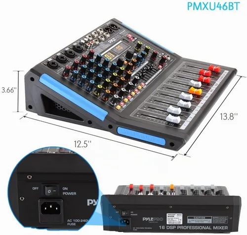 Vista 3 de Pyle - Mezclador de audio de estudio Bluetooth de 4 canales - Interfaz controladora de sonido DJ con unidad USB para entrada de grabación de PC