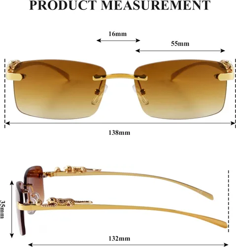 Vista 7 de Lentes de sol rectangulares sin montura vintage para mujeres y hombres, de metal dorado, sin marco, cuadradas, transparentes
