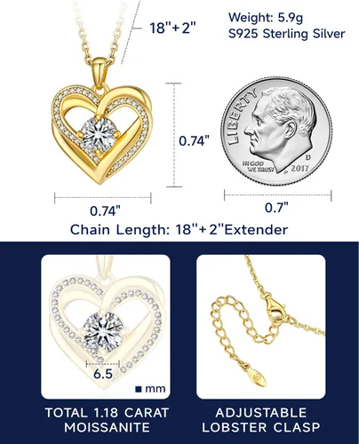 Vista 36 de MomentWish Collar de corazón para mujer, moissanita, diamante de imitación, plata de ley 925