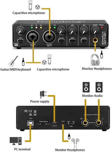 Vista 4 de Depusheng RX2 interfaz de audio USB tarjeta de sonido de grabación de computadora, interfaz de audio de estudio en casa, puede conectar micrófono