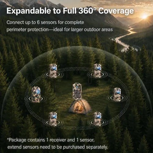 Vista 6 de Alarma de seguridad de radar de campamento, alarma perimetral inalámbrica, alarma de activación con sensor de movimiento recargable, rango de 1/2