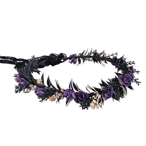 Vista 7 de MOSTORY Tocado de flores negras, corona floral de hada, corona de elfo oscuro, círculo de elfos para el Renacimiento, Halloween, gótico, boda