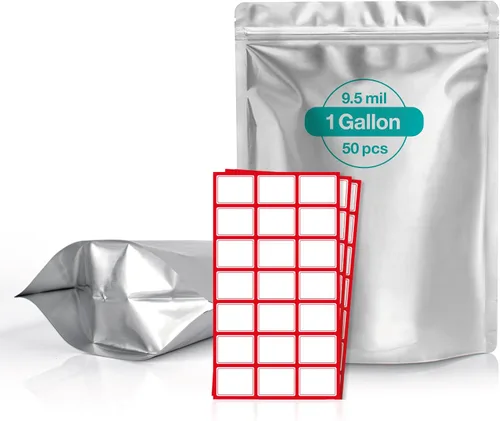 Vista 9 de 50 bolsas de Mylar de 1 galón con absorbentes de oxígeno (500 cc) – 9.5 mil – Bolsas de Mylar reforzadas de 1 galón resellables y termosellables