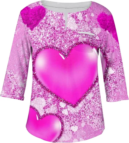 Vista 2 de FlekmanArt Womens Sweatshirt Valentine's Day Print V Neck Blouses Plus Size Long Sleeve Outfit Lightweight Pullover Tops