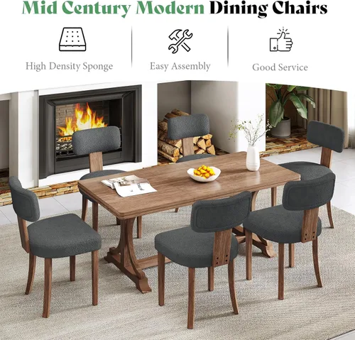 Vista 5 de AMERLIFE Juego de 2 sillas de cocina, sillas Boucle con respaldo y asiento curvados tapizados, marco de madera dura de estilo moderno, color gris