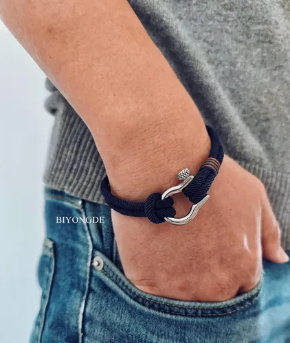 Vista 3 de Pulsera náutica de cuerda de algodón para hombre y mujer, con tornillo de acero y grilletes de ancla, dos filas