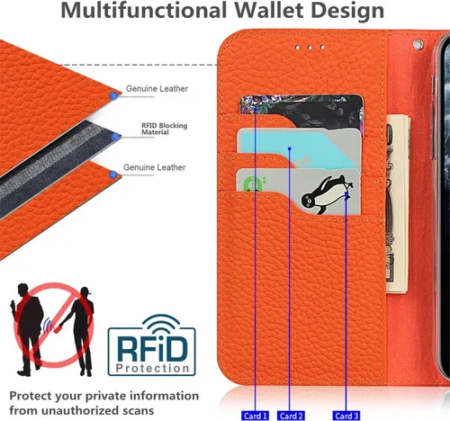 Vista 3 de iCoverCase Compatible con iPhone 11 Pro Max, funda magnética de piel auténtica con bloqueo RFID, correa para la muñeca y ranuras para tarjetas