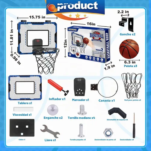 Vista 2 de Aro de baloncesto interior para niños de 5 a 10 años, con marcador electrónico y 3 bolas, mini aro sobre la puerta para cumpleaños de niños