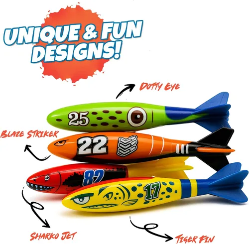 Vista 8 de 4 piezas Torpedo tiburón buceo juguetes para niños juguetes de agua al aire libre colorido juguete de natación hundimiento lanzar torpedo para niños