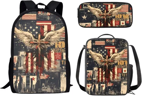 Vista 8 de Paquete de 3 bolsas escolares con estampado de bandera estadounidense para niños, mochila de gran capacidad para laptop, con cremallera, estuche