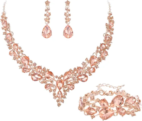Vista 27 de BriLove - Juego de joyas de boda con cristales austriacos, collar, aretes y pulsera para mujer 01-Tono plateado transparente