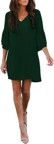Vista 4 de BELONGSCI - Vestido veraniego para mujer, dulce y lindo, con cuello en V, mangas acampanadas, vestido de tubo, vestido mini, perfecto para bodas