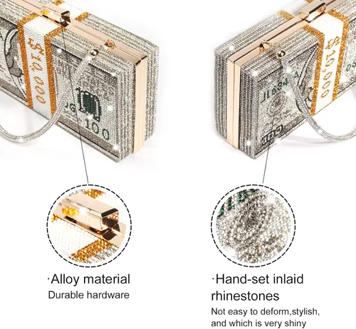 Vista 5 de Monedero con diamantes de imitación de dólar estadounidense, bolso de noche para bodas, cenas, monederos con diademas de cristal
