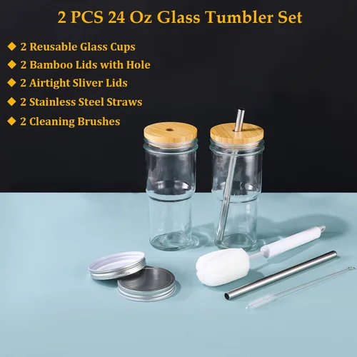 Vista 5 de 2 Vasos de Vidrio de 24 oz con Tapas de Bambú y Pajitas y 2 Tapas Herméticas, Vaso Reutilizable para Batidos Tarro Mason Vasos para Beber Vasos