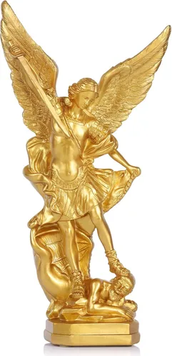 Vista 11 de QIANLING Estatua de San Miguel Arcangel de 12.5 pulgadas, estatua de San Miguel en resina bronceada, figuras de la colección de San Miguel Arcángel