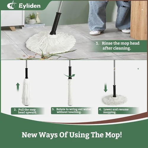 Vista 6 de Eyliden Trapeador giratorio – Simple, mango largo de 57 pulgadas, trapeador de cuerda de microfibra autoescurrido para limpieza de suelos, atrapa