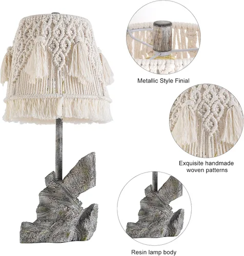 Vista 2 de Lámpara de escritorio retro de 24 pulgadas de alto con pantalla de macramé de cuerda de algodón bohemia y base de resina hecha a mano, lámpara