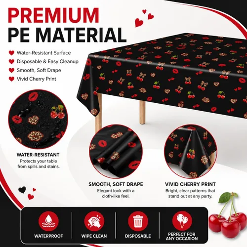 Vista 2 de 3 manteles de plástico desechables de 54 x 108 pulgadas, estampado de leopardo rojo y negro con labios rojos, manteles impermeables para cumpleaños