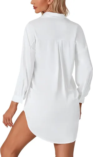 Vista 2 de LYANER Camisa de noche de seda con botones y manga larga para mujer, con abertura, para novio