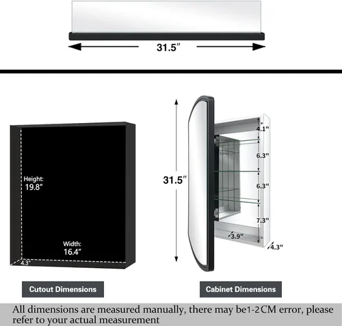 Vista 3 de Arqueado 16 pulgadas de ancho x 26 pulgadas de alto gabinete de aluminio de una sola puerta para baño con espejo, empotrado o montaje en superficie