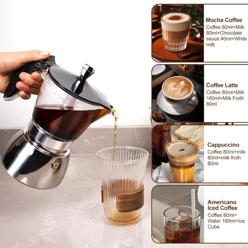 Vista 7 de Olla de plástico transparente de 6 tazas de acero inoxidable sin recubrimiento, cafetera italiana, cafetera moca greca, cafetera clásica