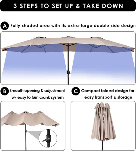 Vista 6 de Tangkula Sombrilla de patio de 15 pies de doble cara para mesa de mercado al aire libre con manivela (beige)