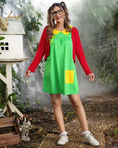 Vista 3 de Clarisbelle Disfraz de cosplay de Halloween para mujer, vestido verde con cárdigan rojo