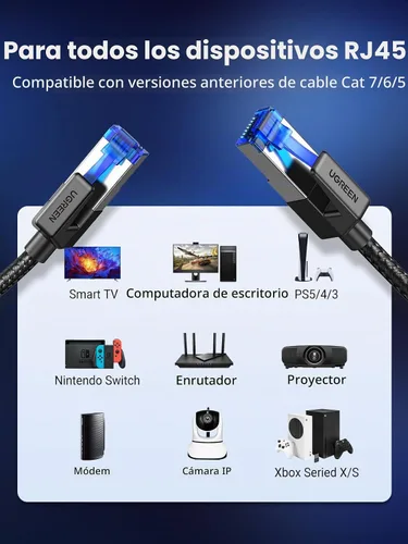 Vista 8 de UGREEN Cable Ethernet Cat 8 de 1.5 pies, cable de red trenzado de alta velocidad de 40 Gbps 2000 Mhz Cat8 RJ45 blindado para interiores, cables LAN