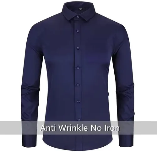 Vista 3 de HUUTOE Camisas de vestir para hombre, manga larga, ajuste regular, color sólido, elástico, para negocios, boda, graduación, camisa grande y alta