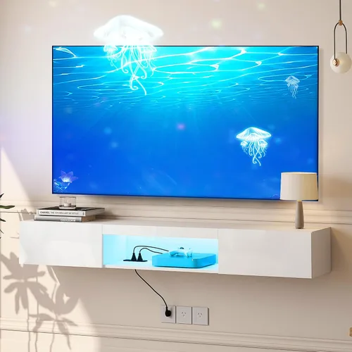 Vista 11 de Soporte flotante para TV montado en la pared con toma de corriente, moderno centro de entretenimiento flotante para TV de 70 pulgadas, estante